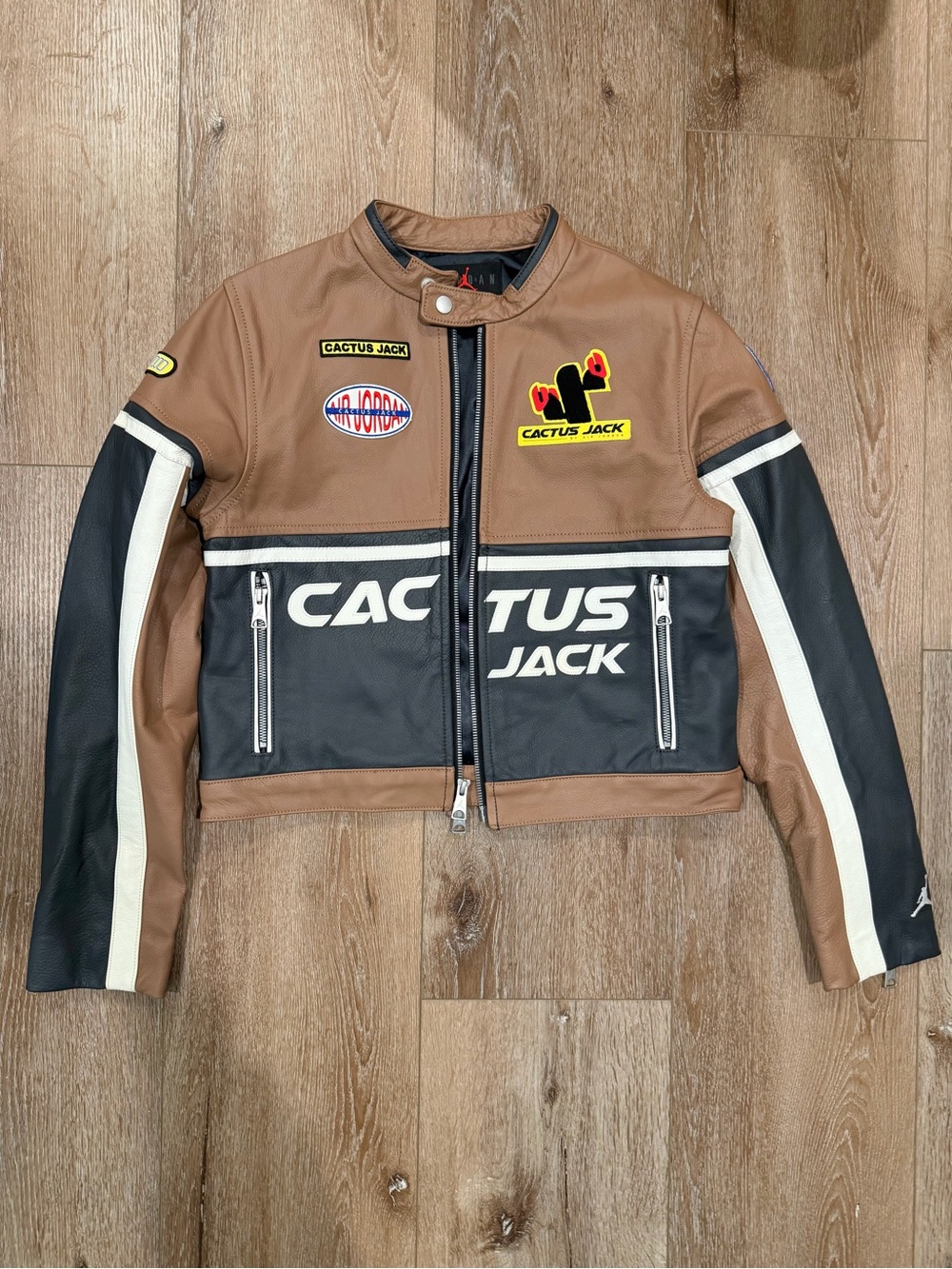 NWT Jordan X Cactus Jack Women’s Leather Jacket, Archaeo Brown, Size Small